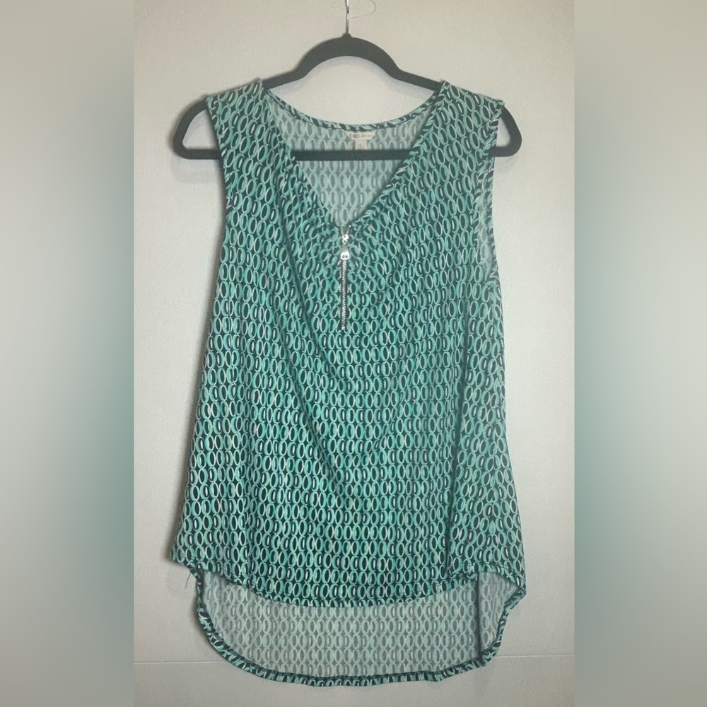 Teal and Navy Patterned Sleeveless Top. Great for Layering with a Cardigan!